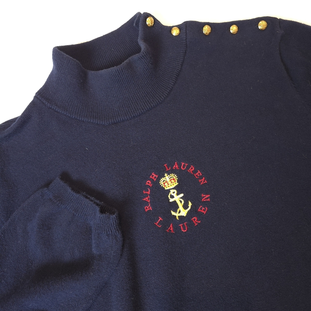Vintage Lauren Ralph Lauren Navy Anchor Sweater Gold Buttons Nautical 2X
